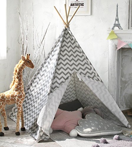 Tipi Kinderzimmer Spielzelt für Kinder drinnen draußen - Segeltuch Kinderzelt Indianer (Grauer Chevron)