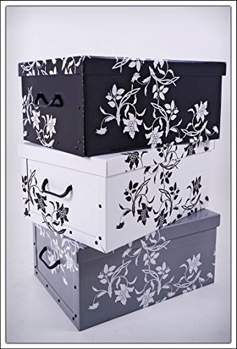 3er Set Aufbewahrungsbox in 3 Farben (weiß, schwarz und grau) mit jeweils 45 Liter Inhalt - Blumenmuster im Barock Stil