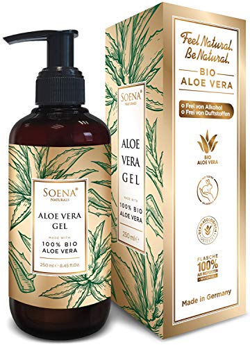Aloe Vera Gel mit 100% Bio Aloe Vera | NATURKOSMETIK | Ohne Alkohol & Ohne Duftsoffe | Tierversuchsfrei - Feuchtigkeitspflege von Soena - After Sun - 250 ml - Aus Saft hergestellt - Made in Germany
