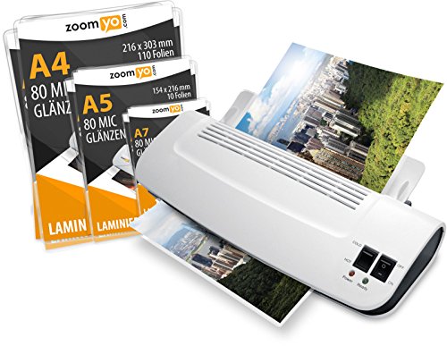 A4 Laminiergerät OL289 von zoomyo, kurze Aufwärmzeit - schnelles Laminieren (heiß/kalt), 30 Laminierfolien (80 mic) gratis, ideal für Büro, Home und Schule