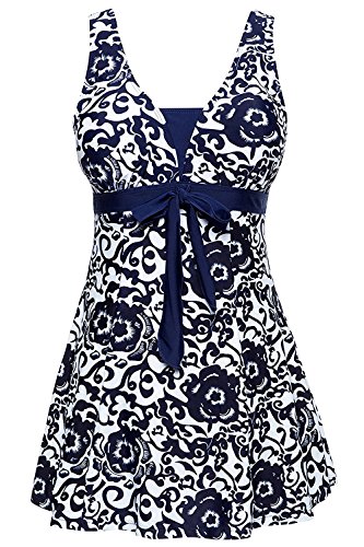 AMAGGIGO Amenxi Damen Kirschen Cherry/Blau-Weiß Einteiliger Spitze Figuroptimizer Sportlich Neckholder Retro Vintage Damen Badeanzug (EU 46-48, darkblue)