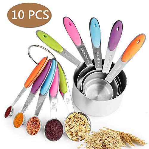 Messbecher und Löffel Edelstahl 10 set - Mopalwin 5 Measuring Cups 5 Messlöffel 2 runden Ringen, mit Silikon Griff und Meßlineal Multifunktions für Küche Kochen Backen