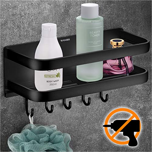 Wangel Duschkorb Duschablage ohne Bohren, mit 5 Haken, Patentierter Kleber + Selbstklebender Kleber, Aluminium, Matte Finish, Schwarze