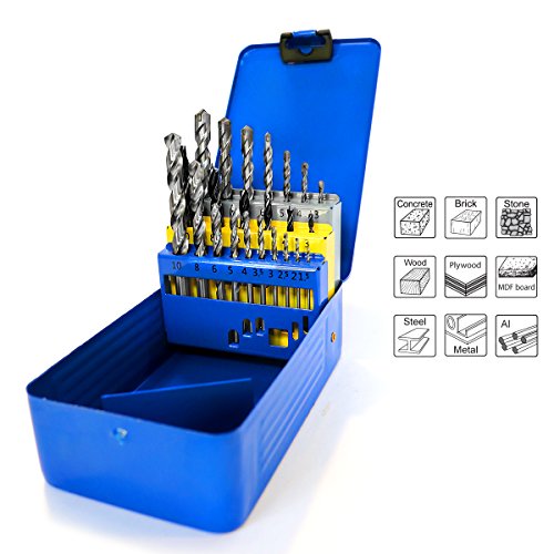 S&R Bohrer-Set 23 tlg: 6 Holzbohrer 3, 4, 5, 6, 8, 10mm, 10 Metalbohrer 1.5, 2, 2.5, 3, 3.5, 4, 5, 6, 8, 10 mm HSS M2 steel, 7 Betonbohrer 3, 4, 5, 6, 8, 10, 12 mm in Metallbox