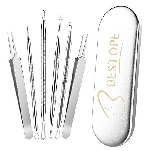 BESTOPE 6 Stücke Mitesserentferner Kit Mitesser Pinzette mit Metall-Box aus Edelstahl Komedonenquetscher Set Risikofrei Extraktor Tools Nagelhautschieber Werkzeug gegen Mitessern Pickel Akne für Gesundheit Behandlung