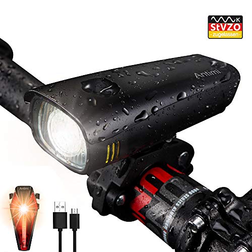 Antimi LED Fahrradlicht Set【Neueste Modell】, StVZO Zugelassen USB Wiederaufladbar Fahrradlichter Fahrradlampe Set, IPX5 Wasserdicht Frontlicht & Rücklicht Lampenset mit Samsung 2600mAh Li-ion Akku
