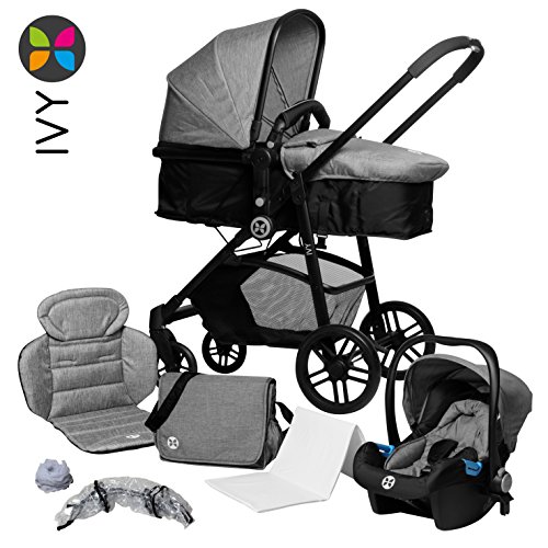 Kombikinderwagen 3 in 1, 10-teiliges Kinderwagen-Set: Alu-Gestell, schwenkbare Vorderräder, 2 in 1 Wanne, Babyschale, Wannenabdeckung, Moskitonetz, Regenverdeck, Wickeltasche, Babyblume IVY, grey melange