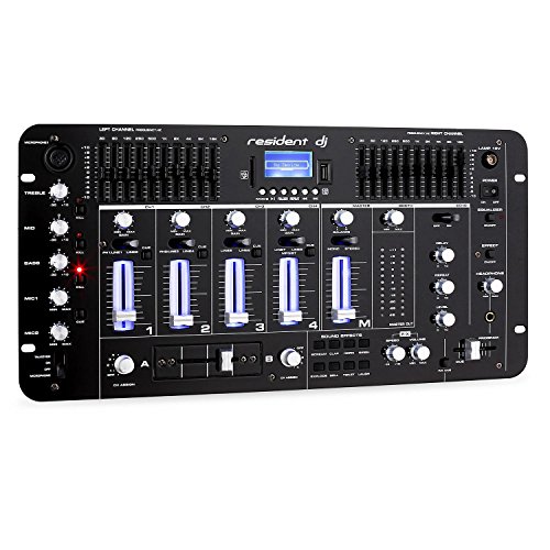 resident dj Kemistry 3BK • DJ-Mixer • 4-Kanal Mischpult • DJ-Mischpult • Bluetooth • USB-Port • SD-Slot • MP3-fähig • 2 x Cinch-Phono/Line-Eingang • 10-Band Equalizer • Mikrofonsektion • XLR-/Klinken-Eingänge • Talkover-Funktion • Rackmontage • schwarz