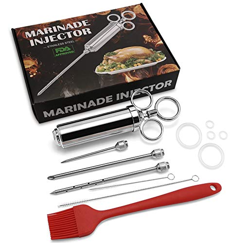 BBQ Bratenspritze Marinade Injector 60ml mit 3 Nadeln Marinadenpinsel, Edelstahl 304 Marinadenspritze Gewürzspritze Grill Reinigungsbürste Küchenhelfer für Fleisch Rind Huhn Gebäck mit Marmelade