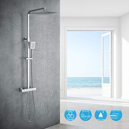 Auralum Edelstahl Duschsystem mit Thermostat| Duschset Regendusche Thermostat| Dusche Duscharmatur Duschsäule Duschgarnitur mit Handbrause, Regenbrause, Brausethermostat und Duschstange (Ohne Armatur)