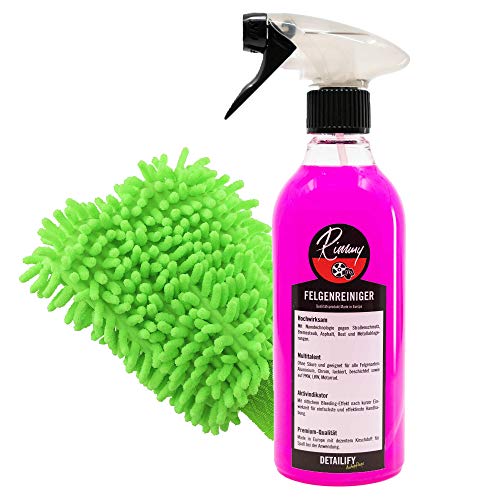 Detailify Felgenreiniger Set Sprühflasche Rimmy 500 ml + Handy Waschhandschuh Auto Detailing säurefrei Alufelgen Leichtmetallfelgen Stahlfelgen Lackierte Felgen Chromfelgen