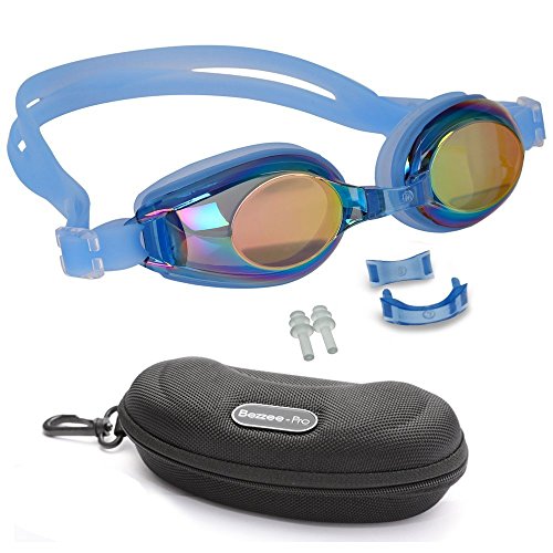 Bezzee-Pro Kinder Schwimmbrillen, rutschfest, wasserdicht, lecksicher, qualitativ hochwertig, farbige Silikon-Kopfriemen, vernebeln nicht, farbige Gläser, einstellbarer Nasensteg