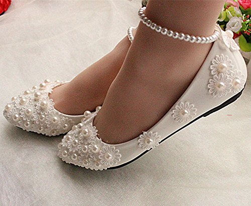 JINGXINSTORE Weiße Spitze Hochzeit Schuhe Perlen Knöchel Trap Bridals Hochzeitsfeier Pumps, UK 6,5,