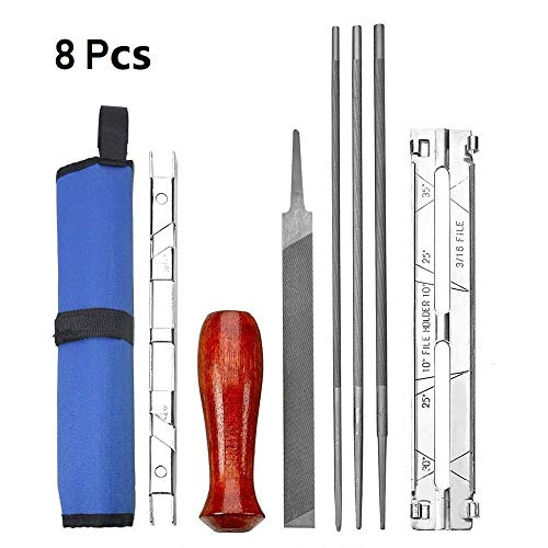 8 Stück Chainsaw Sharpener File Kit - Enthält 5/32, 3/16, 7/32 Zoll-Dateien, Holzgriff, Tiefenmesser, Filing Guide, Werkzeugtasche - Zum Schärfen und Ablegen von Kettensägen und anderen Klingen