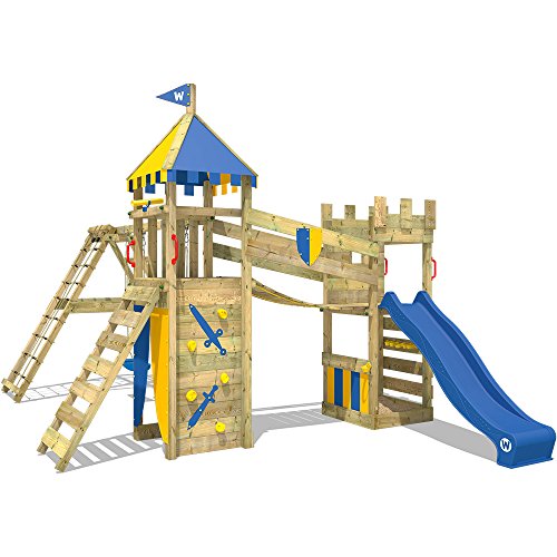 WICKEY Spielturm Smart Legend 120 - Klettergerüst mit Schaukel, Sandkasten, Kletterwänden und -leiter, großem Kletteranbau, Wackelbrücke und blauer Wellenrutsche