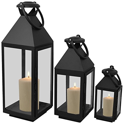 3er Set Laternen mit Henkel H55,5/40/25cm aus Metall /Glas Laternen Windlichter Gartendekoration Schwarz