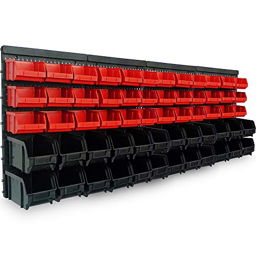 Deuba Wandregal + Stapelboxen | 64 tlg Box | extra starke Wandplatten | Regal erweiterbar | Werkstattregal Lagerregal Werkstattwandregal Steckregal
