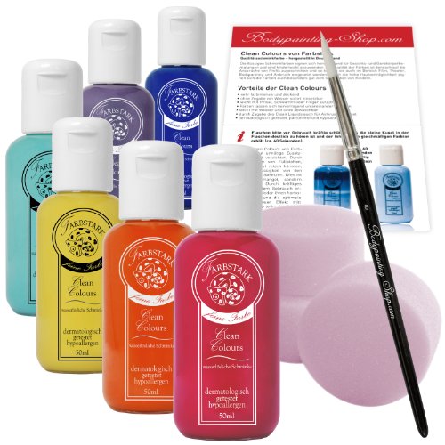 Farbstark Bodypainting Farben - hautfreundliche Körperfarbe in Profi Qualität (auch für Airbrush geeignet), Sommer Set: 6x 50 ml Farbe (Gelb, Hellrot, Violett, Türkis, Orange, Dunkelblau) + 3x Schminkschwamm + 1x Schminkpinsel