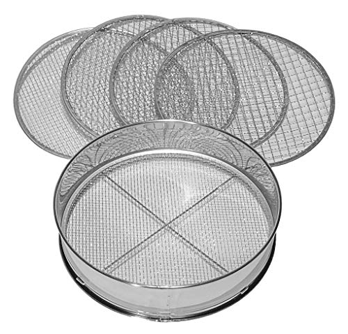 Siebmeister 5000, 5in1 Gartensieb, 5 austauschbare Siebeinsätze Ø 3, 5, 8, 10, 12 mm fein, für Erde, Steine, Kompost, Unkraut, Sand, Schotter und Saatgut, 30 cm rund, Metall, rostfrei