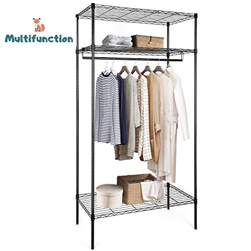 amzdeal Kleiderständer Metall Kleiderschrank Multifunktionale Kleiderstange mit 3 Ablagen, Kleiderregal für die Aufbewahrung(schwarz)