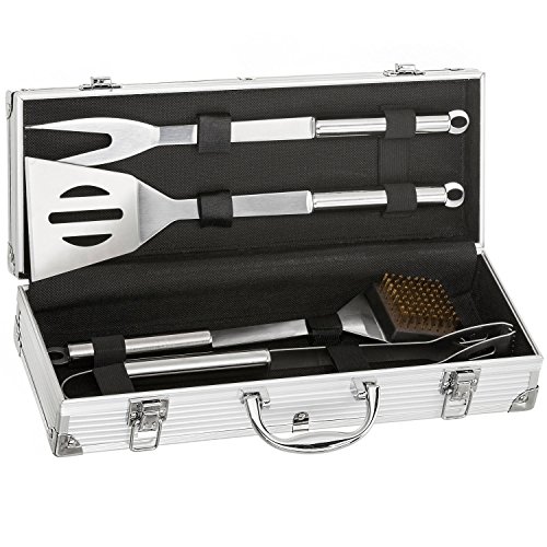 Edelstahl Profi Grillbesteck-Set 5-teilig im Aluminium-Koffer BBQ Grill-Utensilien Besteck Zubehör fürs Grillen