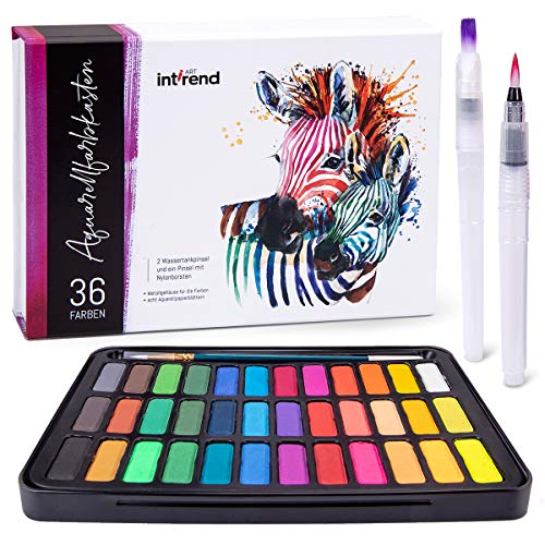 int!rend Aquarellfarbkasten, hochwertiges Aquarell-Farben-Set bestehend aus 36 Wasserfarben, 1 Pinsel, 2 Wassertankpinsel, 8 Aquarellpapier - Malkasten für Anfänger und Profis