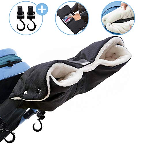 Kinderwagen Handwärmer, PREMIUM Wasserdicht Winddicht Kinderwagen Muff mit Handytasche, Packung mit 2 Kinderwagen Haken, Wiederverwendbar Universelle Passform Handmuff mit Flanell Innenseite (Schwarz)