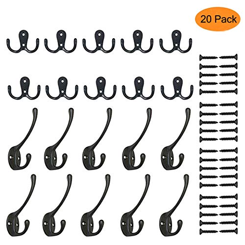 AKKlenz 20er Kleiderhaken，10 Stück Doppelt Wandhaken Retro Haken Mantelhaken und 10 Stück Schwanenhals-Haken Kleiderbügel mit Schrauben für Garderobe Holzbrett Wand Küche Flur Schwarz