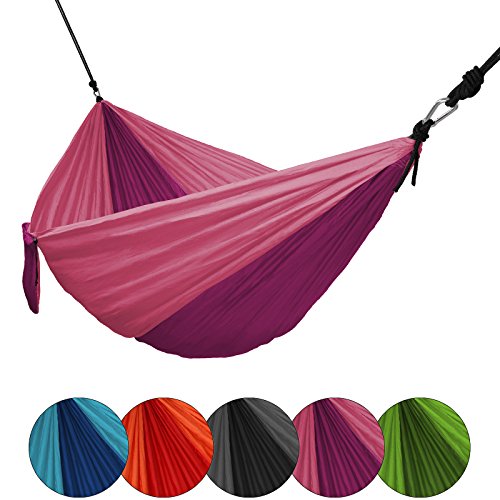 Hängematte Ultraleicht aus Fallschirm Nylon 265 x 140 cm Traglast 300 kg Reisehängematte Outdoor Camping Reise-Hängematte inkl. Befestigungs-Set, Farbe:Purple Rose