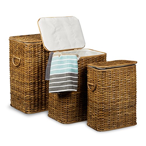 Relaxdays Wäschekorb 3er Set geflochten Rattan eckig HBT 54,5 x 45,5 x 33,5 cm stapelbare Wäschetruhe mit herausnehmbarem Wäschesack waschbar Wäschebox ca. 69 L Wäschesammler atmungsaktiv, honigbraun