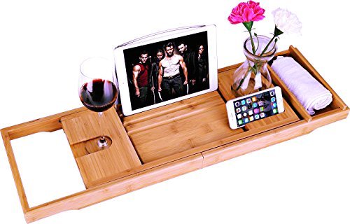 bamboe Badkuip Caddy Bad Tub Tray met Verlengde pagina 's opgericht in boek tablet-houder mobiele telefoon Tray & geïntegreerde Wijnglas-houder en andere accessoires plaatsing