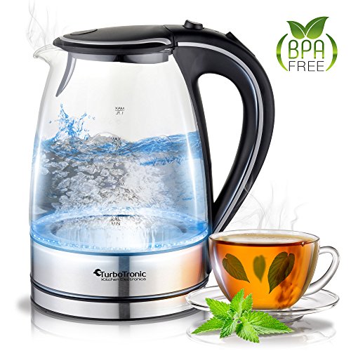 TurboTronic Glas Wasserkocher 1,7 Liter mit Kalkfilter und LED Beleuchtung Blau (innen) BPA Frei, Leistung: 2200 Watt