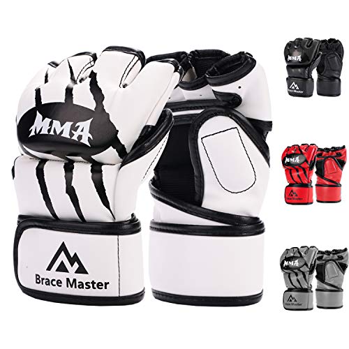 Brace Master MMA Handschuhe UFC Handschuhe Leather Padding für Männer, Frauen, Knöchelgelenkschutz, Fingerlose Sparring-Handschuhe für das Training, Kickboxen, Muay Thai, Boxen (Weiß L)