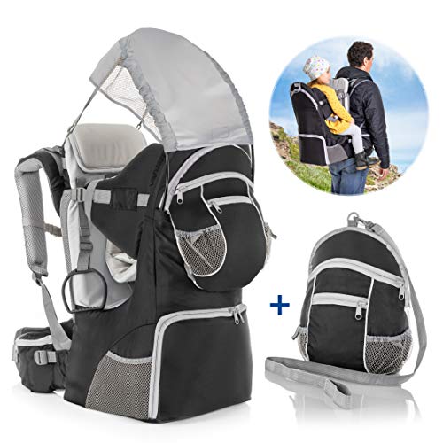 Fillikid Rückentrage - Rücken Babytrage mit Sonnenschutz, Gurt, Kinder Rucksack und Staufächern | Kraxe zum Wandern mit Baby und Kleinkind, bis 18 kg - Grau