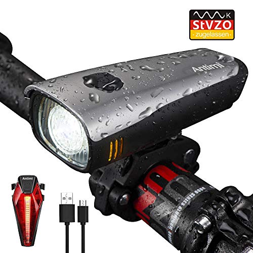Antimi Unisex Youth [2018 Neue Version] Fahrradbeleuchtung Set mit LED Frontlicht & Rücklichter,StVZO Zugelassen Wasserdicht IPX4 Fahrradlichter,2600mAh Li-ion Akku USB Aufladbar Fahrradlampe für Rennrad, Mountainbike,Wandern,Camping