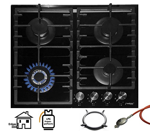Phönix PG-603T Einbau Gaskochfeld Glas Kochfeld Gaskocher 4 flammig Propan-/ Erdgas inkl. Guss Wok-Aufsatz