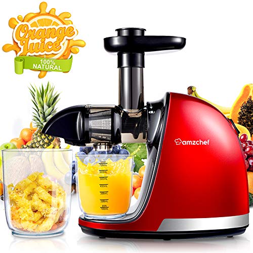 AMZCHEF Slow Juicer BPA-frei Entsafter Gemüse und Obst Profi Entsafter mit Ruhiger Motor & Umkehrfunktion & Saftkanne & Reinigungsbürste(150 Watt/Rot)