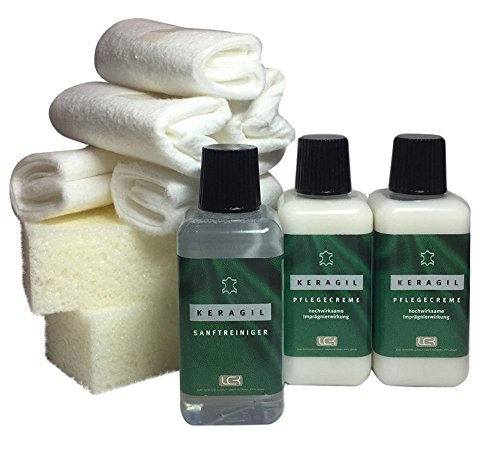 KERALUX Keragil Lederpflegeset Aktion 2x225 ml Pflege 225ml Sanftreiniger+Zubehör Set 2xSchwamm 5xTuch LCK gut für Longlife Leder geeignet!