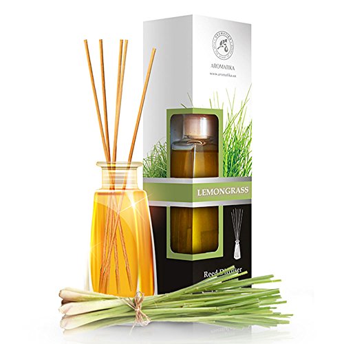 Raumduft Diffuser LEMONGRASS / ZITRONENGRAS 100ml, mit Rattanstäbchen, mit naturreines ätherisches lemongras Öl, intensiv und langanhaltend natürlicher Raumduft, 0% Alkohol, Raumduft-Set zum Aromatisieren der Innenraumluft fur Raum, Küche, Baden, Zuhause, Büro, Boutique, SPA, Fitnessclub, Restaurant, Aromatherapie, bester Raumlufterfrischer, Glas, von AROMATIKA
