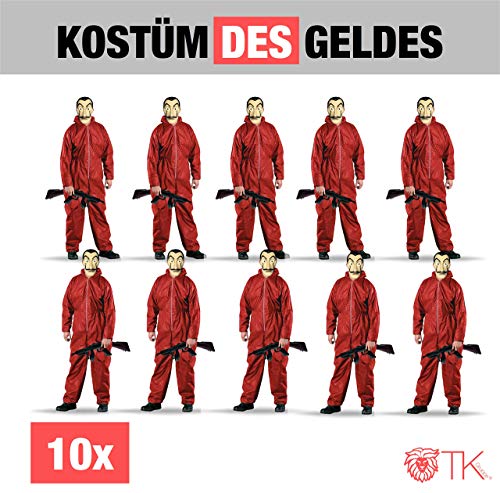 10x Kostüm Set des Geldes Kostüm casa del papel Bella Ciao Haus für Herren, Damen Erwachsene mit Maske, Overall rot, Maschinengewehr bekannt aus Haus des Geldes - Fasching, Karneval (10x Kostüm Set)