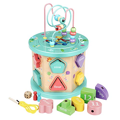 Babyhelen Motorikwürfel Holz, Kinder Montessori Spielzeug Aktivitätswürfel mit Drehspiel, Steckspiel, Sortierspiel für Kinder und Kleinkind Spielzeug