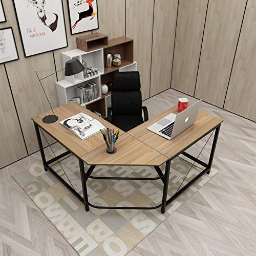 soges Computertisch L-Form Arbeitstisch Winkelschreibtisch Eckschreibtisch Schreibtisch mit CPU-Ständer, 150CM + 150CM,Farbe in Oak