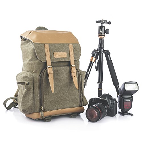 TARION M-02 Kamerarucksack Wasserabweisend aus Canvas Leinenstoff und Echt-Leder (Maße:29x18x42cm) Grün für DSLR & Zubehör