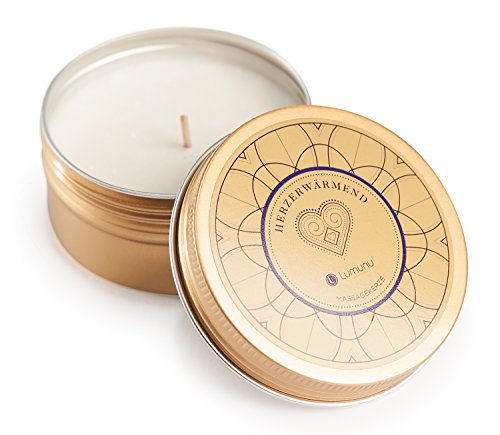 Deluxe Aroma Massagekerze Herzerwärmend, pflegendes Massagewachs in goldener Dose, Massage Duftkerze aus natürlichen Soja & Kokosölen