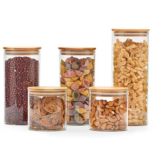 EZOWare 5er Set Glas Vorratsdosen, Vorratsgläser aus Borosilikatglas Küche Lebensmittel Lagerung Behälter mit Bambus Deckel