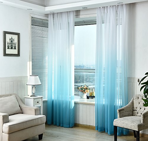 Nibesser Vorhänge Transparent Schlaufenschal Gardine Dekoschal Voile mit Ösen für Schlafzimmer Wohnzimmer 2er set (140Bx245H cm, Weiß und Blau)