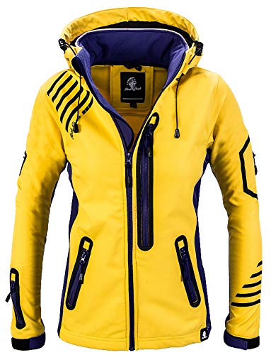 Rock Creek Damen Softshell Jacke Windbreaker Regenjacke Übergangsjacke Softshelljacke Damenjacke Regenmantel Outdoorjacke Kapuze D-402 Gelb-Navy S