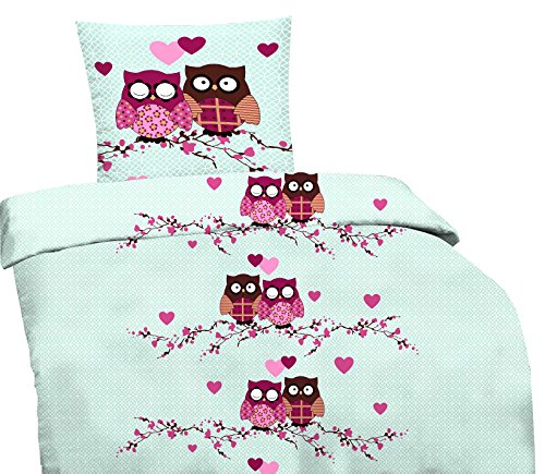 Leonado Vicenti 4 TLG. Microfaser Bettwäsche 135x200cm Eule Türkis Rosa Reißverschluss