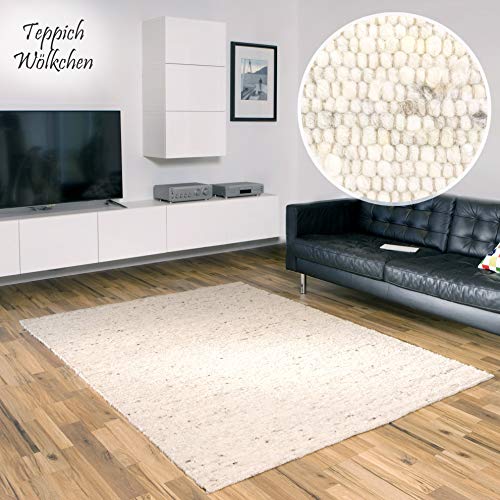 Teppich Wölkchen Hand-Web-Teppich Hooge | Handgewebte Schurwolle im modernen Design | Fürs Wohnzimmer, Esszimmer, Schlafzimmer oder Kinderzimmer | weich, mehrfarbig (Sand - 60 x 110 cm)