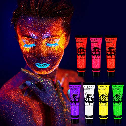 Tenva 7 x 25ml UV-Bodypaint Körpermalfarben Schwarzlicht fluoreszierende Schminke Bodypainting Neon Farben Leuchtfarben